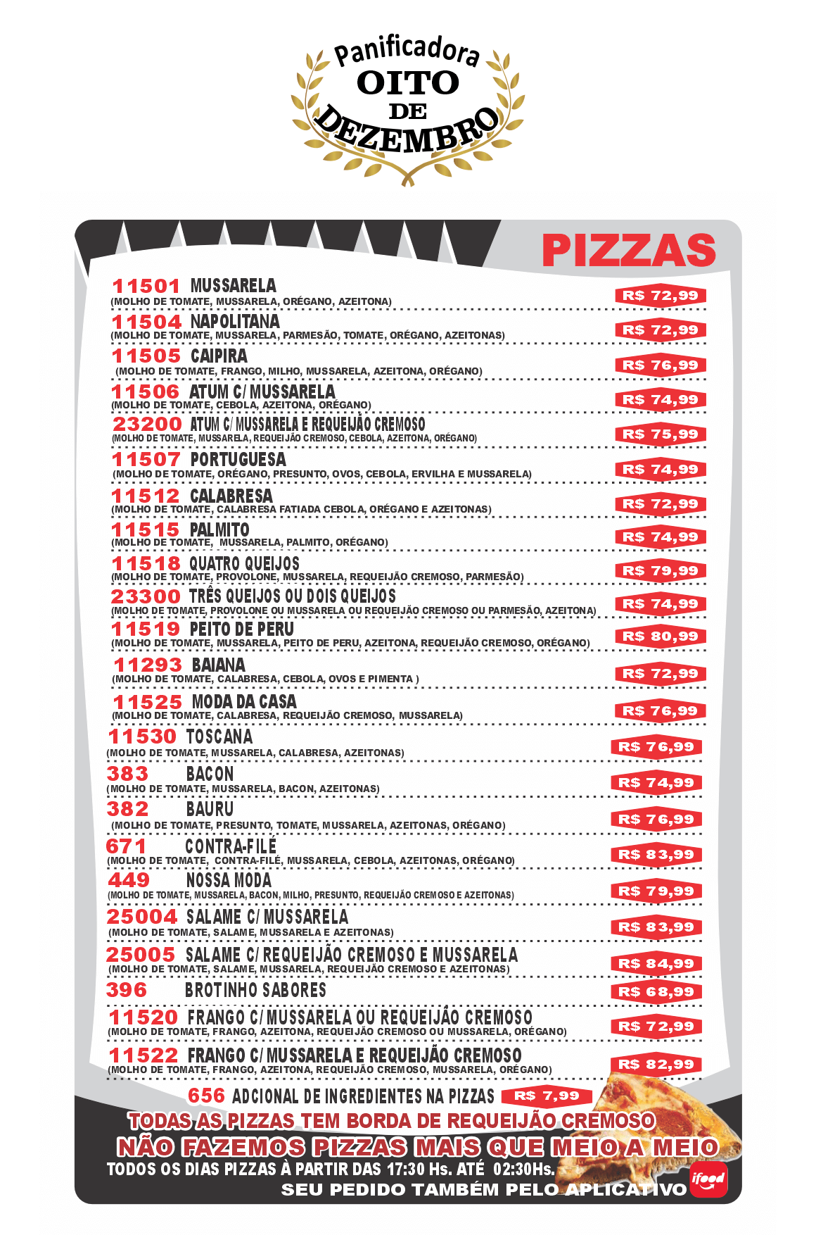 Cardápio de Pizzas da Panificadora Oito de Dezembro em Guarulhos, com diversos sabores.