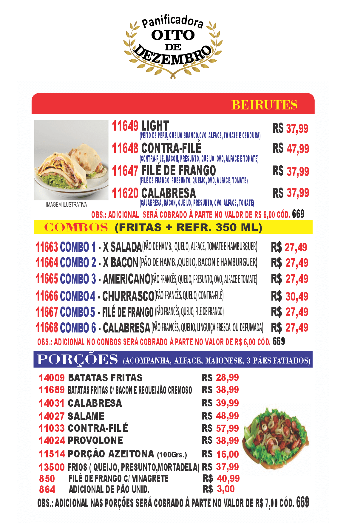 Cardápio de Beirutes e Porções variadas, como batata frita e frango a passarinho, da Panificadora Oito de Dezembro.