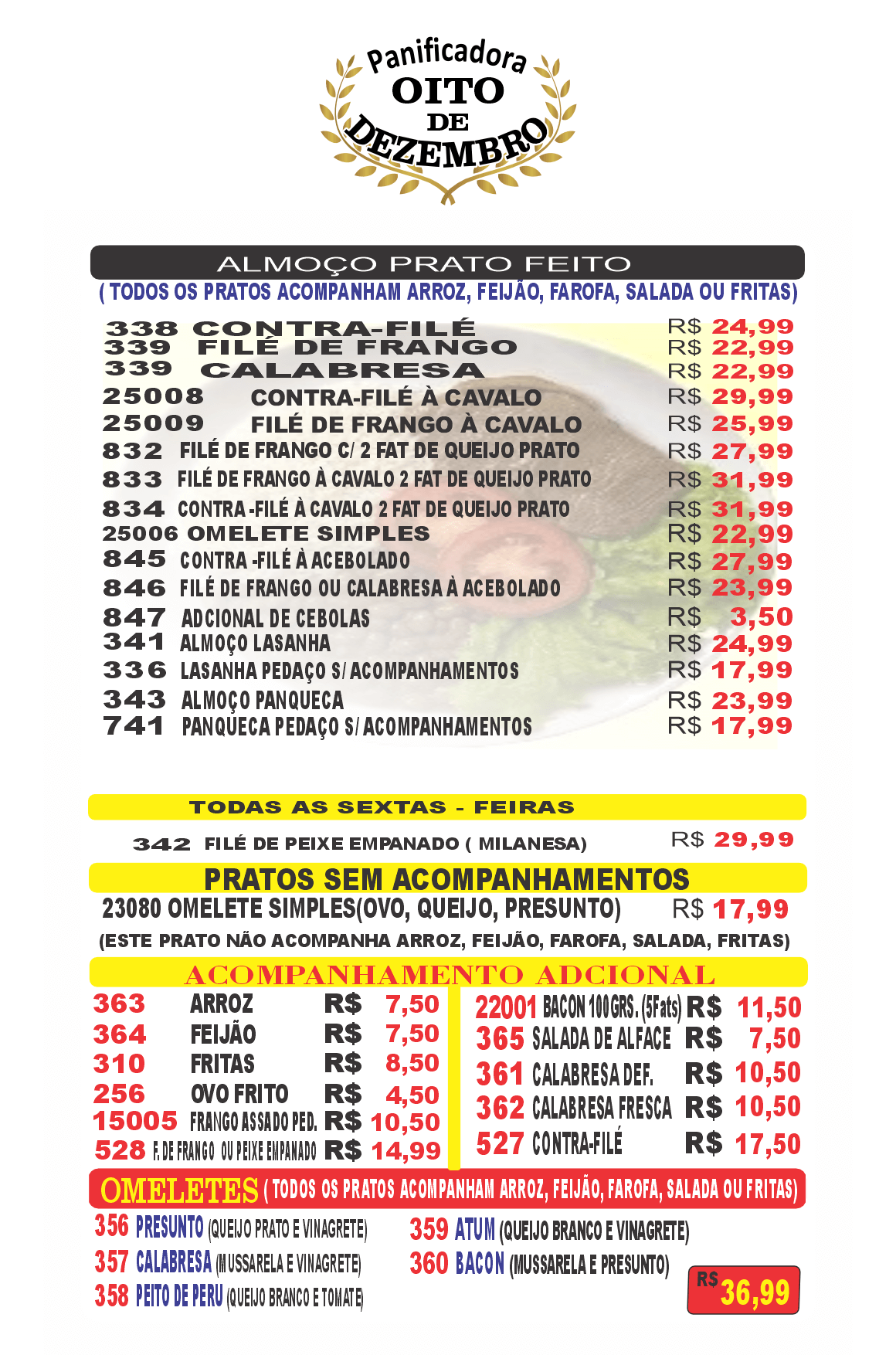 Cardápio de Almoço com opções de Prato Feito (PF) e Marmitex da Panificadora Oito de Dezembro em Guarulhos.
