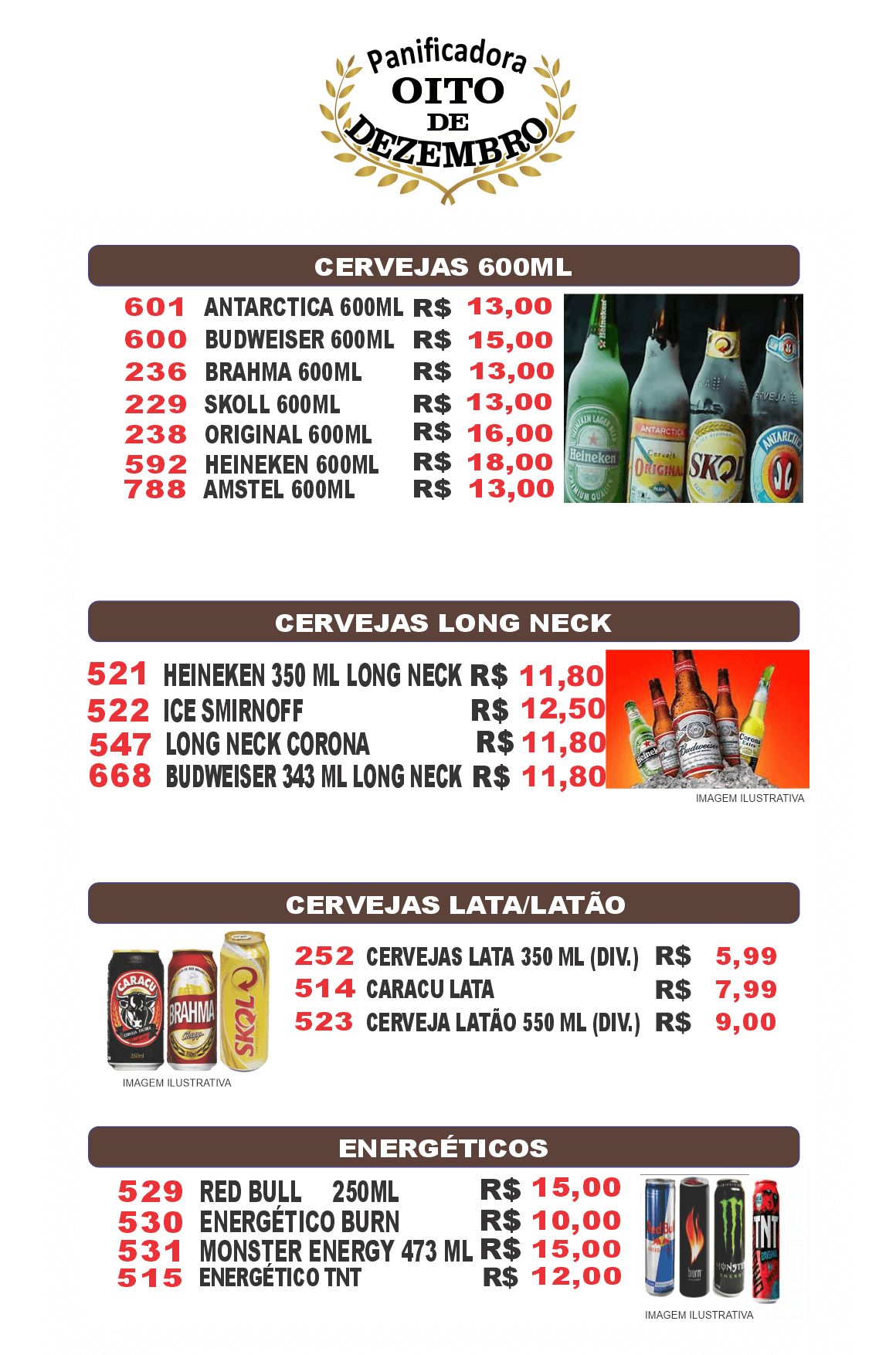 Cardápio de bebidas alcoólicas, incluindo diversas marcas de cervejas e energéticos.
