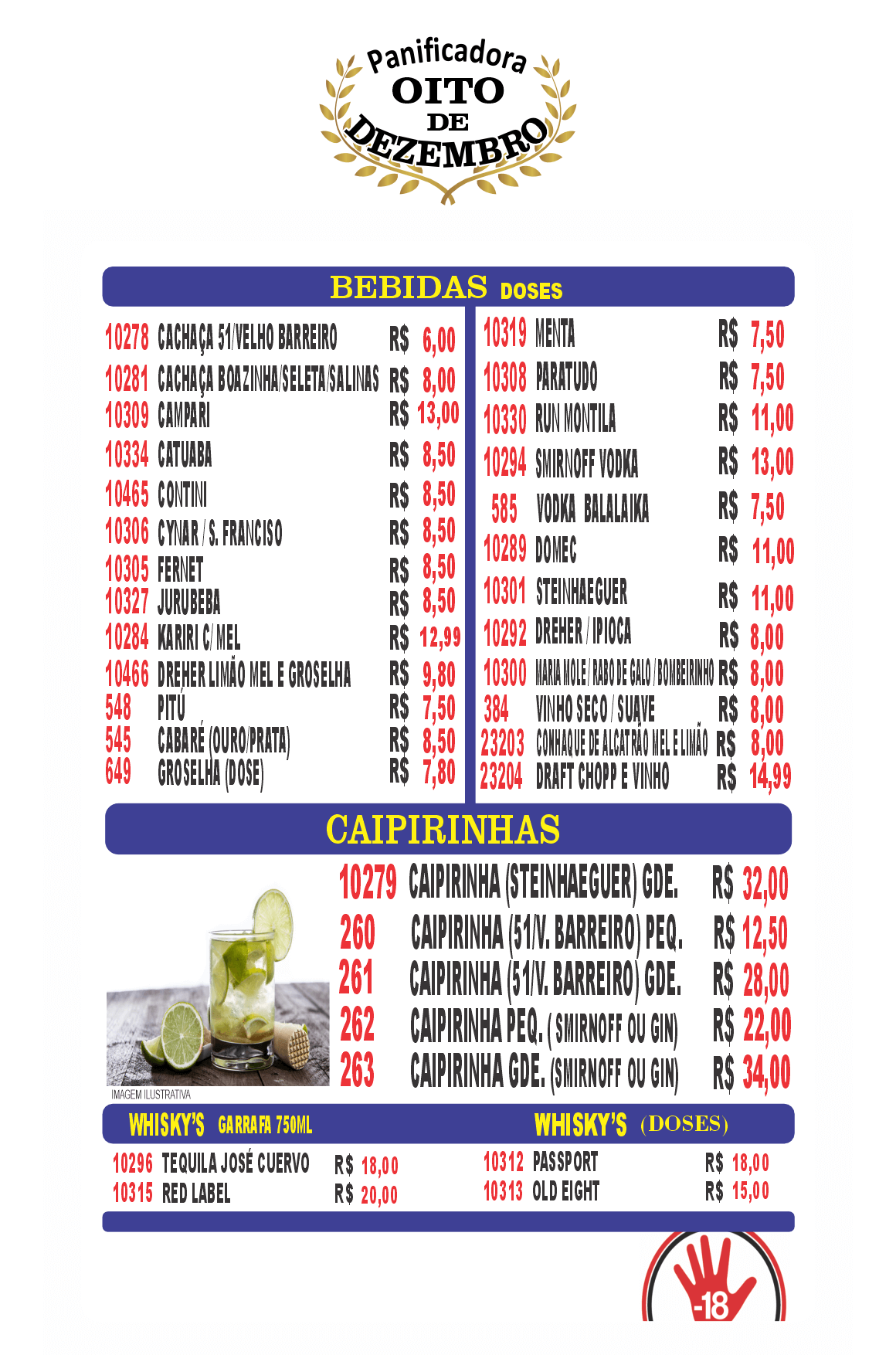 Cardápio de drinks da Panificadora Oito de Dezembro, com Doses, Caipirinhas e marcas de Whiskys.