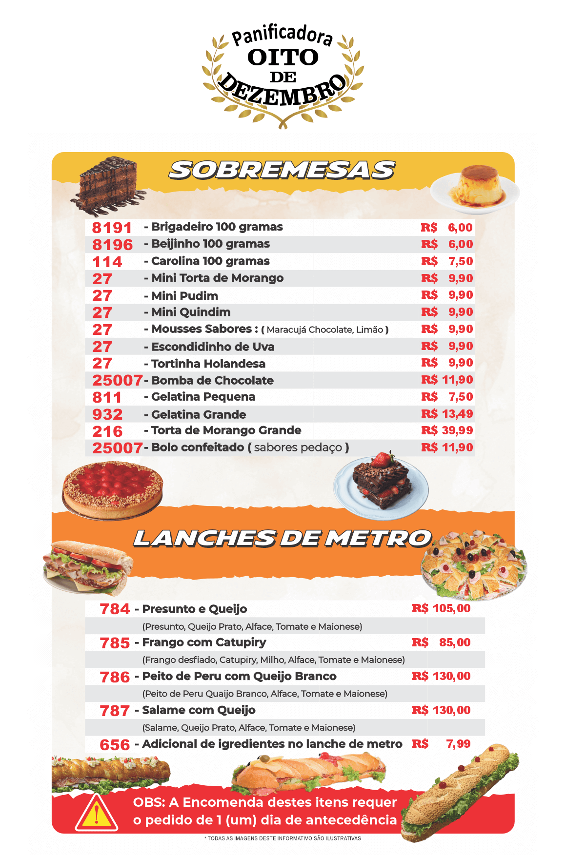 Cardápio de Sobremesas, como bolos e tortas, e opções de Lanche de Metro para festas e eventos.